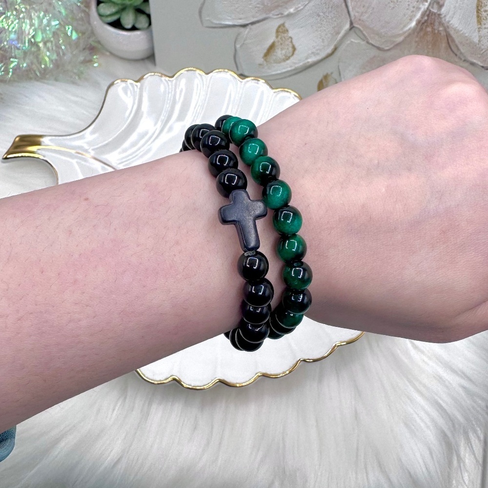 Green Tiger-eye with Cross stone beaded duo bracelet